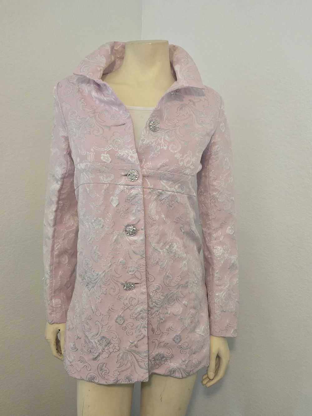 Girls' Y2K Light Pink Brocade Coat with Silver Floral Accents Size 14-16